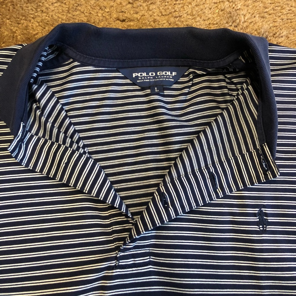Men’s L polo golf shirt. Blue and White striped. - Picture 2 of 3